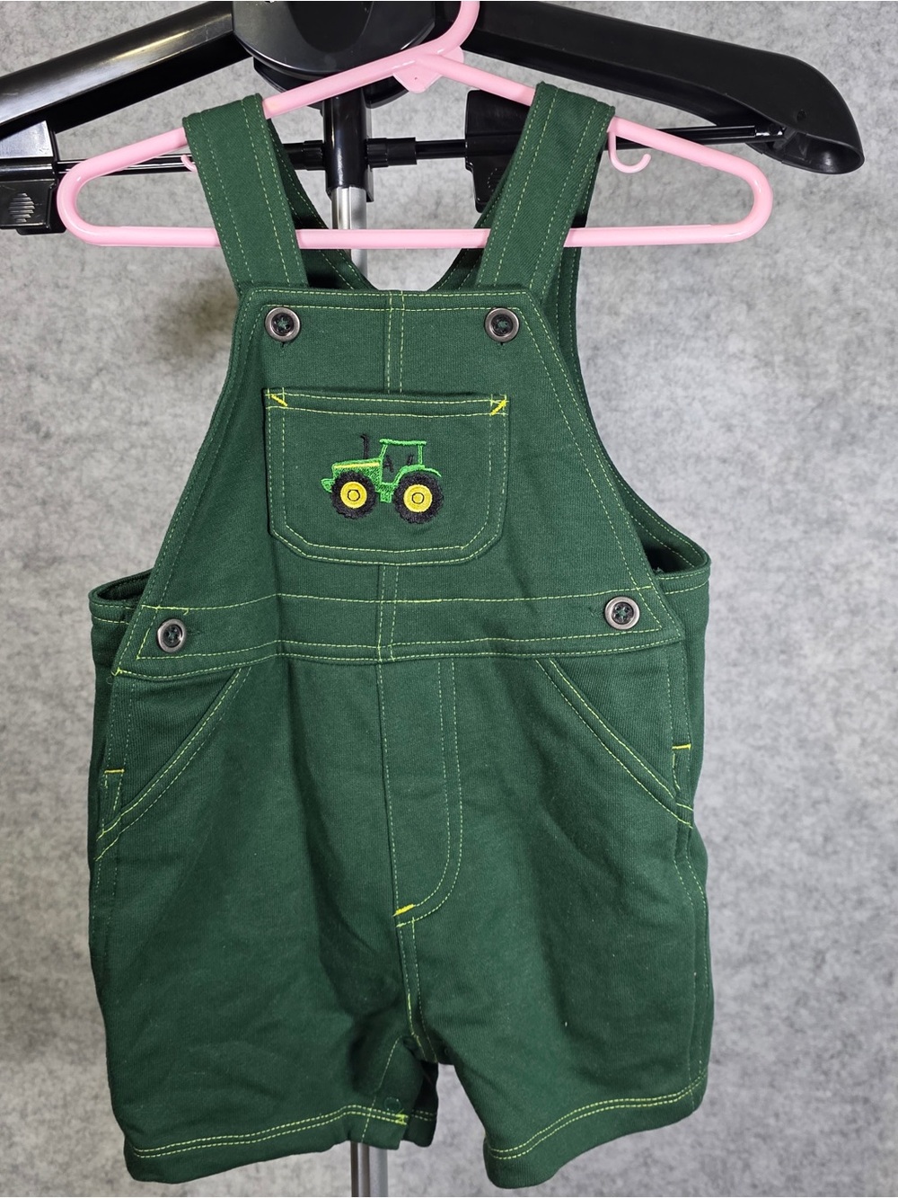 John Deere Green Shortall Overalls with Yellow Tractor Patch Size 18M